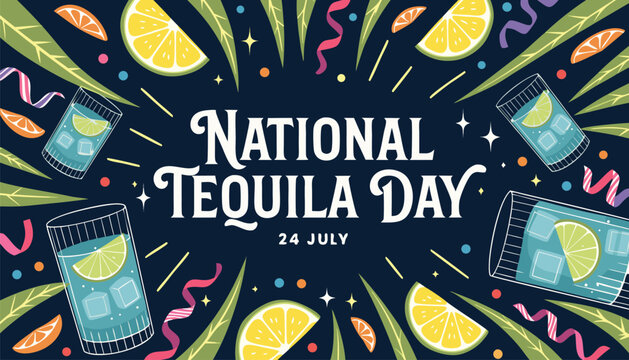 Colorful flat illustration celebrating national tequila day with festive lime slices