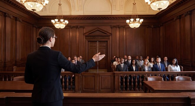 Lawyer addressing jury in a traditional courtroom with ornate wood paneling and chandeliers