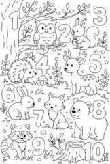 Obraz premium Kids Forest Animals Coloring Book Page with Numbers 1 to 10, Educational Counting Activity for Preschool Children