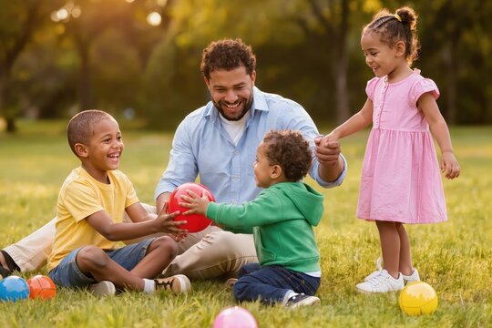 P&egrave;re jouant avec ses enfants dans un parc ensoleill&eacute;, sc&egrave;ne de bonheur familial illustrant la parentalit&eacute; bienveillante, la diversit&eacute;, le jeu en plein air et les liens familiaux