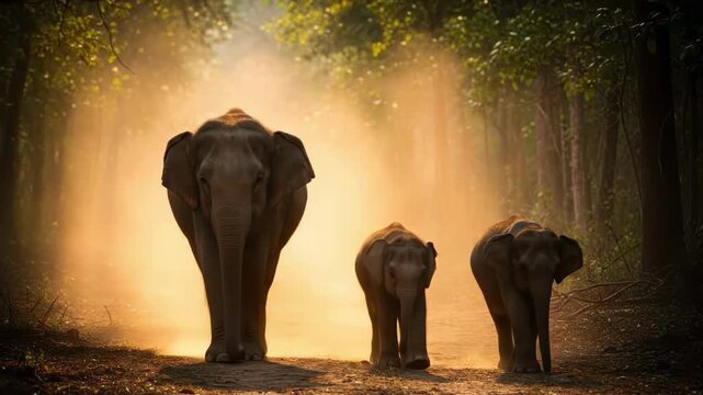 A majestic elephant family walking through a sunlit forest path