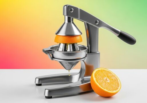 A close-up view of a stainless steel manual juicer squeezer designed for efficiently extracting fresh citrus fruit juice in a kitchen setting, equipment, juice, lime