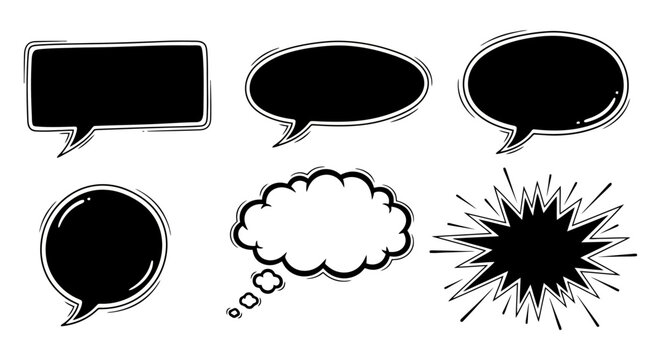 Assorted black speech and thought bubbles on white background.