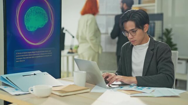 Diverse multiracial team planning new business strategy with AI marketing consultant on multiple screens and documents in modern open office, corporate restructuring and transformation concept