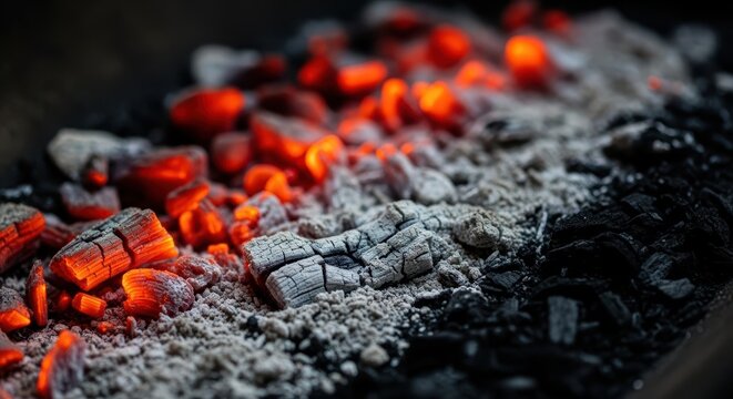 Close up view of deep red glowing hot embers transforming into pale gray ash and black charcoal after intense combustion, macro, pattern, surface