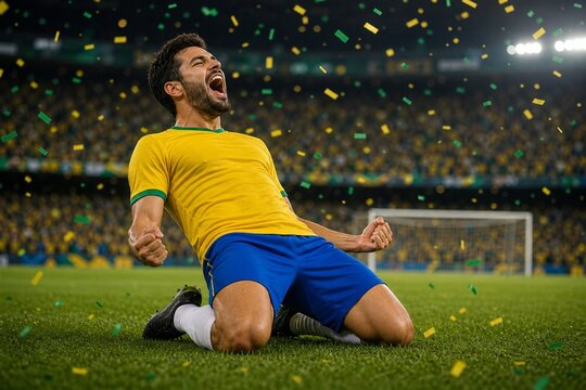 ゴール後に膝で滑る黄色いユニフォームの選手