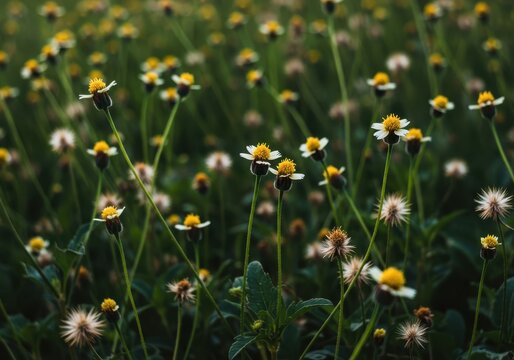 Close-up of numerous small white and yellow wildflowers known as Galinsoga parviflora, blooming vigorously in a sunny field, common, thriving, growth