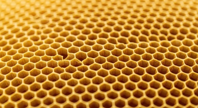 A highly detailed macro photograph emphasizing the beautiful, uniform, golden hexagonal structure and repetitive pattern of a natural honeycomb, honeycomb, close-up, yellow