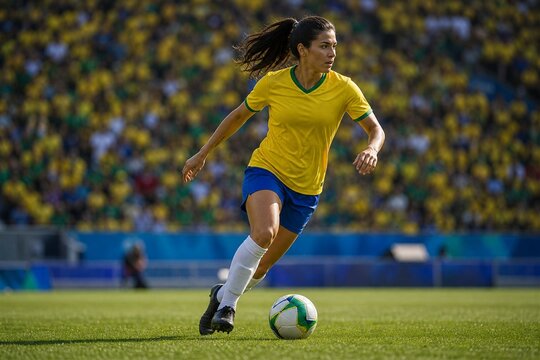黄色いユニフォームでドリブルする女性選手