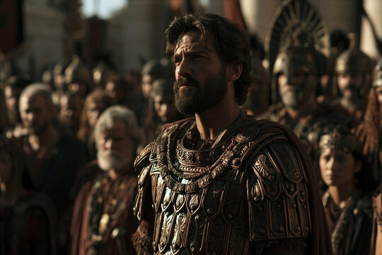 King Saul standing head and shoulders above the crowd, wearing early Israelite armor, regal but brooding atmosphere