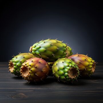 Prickly, tough-skinned fruits arranged on a dark, rustic wooden surface, conveying bitterness and inedibility and natural severity, agricultural, spiky, difficult