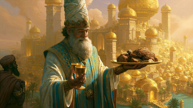 Melchizedek the priest-king of Salem offering bread and wine to Abraham, ancient golden city background, sacred sunlight, illustration style