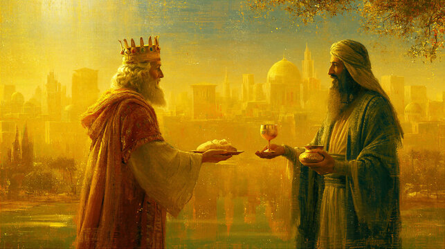 Melchizedek the priest-king of Salem offering bread and wine to Abraham, ancient golden city background, sacred sunlight