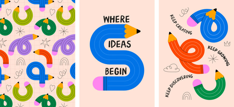 Back to school posters and seamless patterns collection with colorful twisted curved pencils doodles. Playful education vector illustration