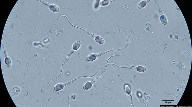 Microscopic view of human sperm cells swimming in semen sample