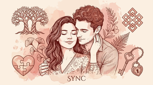 Romantic Couple Embracing with Symbols of Love and Connection, Representing Harmony and Eternal Bond