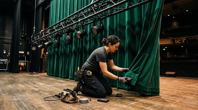 Stage Crew Member Preparing Theater Curtain for Performance.