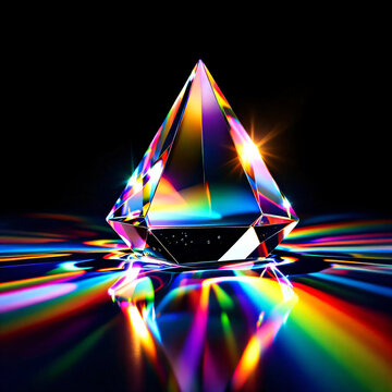 Prisma de cristal con refracci&oacute;n de luz arco&iacute;ris sobre fondo negro - Imagen abstracta 3D