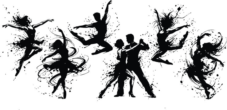 Elegant dancers in motion with ink splash effects embodying grace in an engraving vintage style
