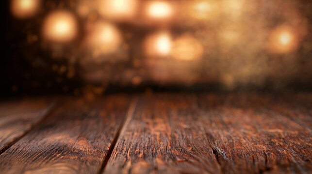 Empty rustic wooden tabletop with warm golden bokeh lights background