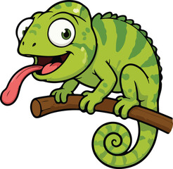 Fototapeta premium cute baby chameleon vector illustration happy lizard character sitting on branch isolated on transparent background. funny animal book design