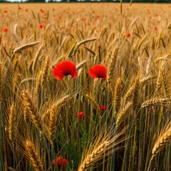 Fototapeta premium Summer agricultural landscape featuring vibrant wild red poppies and delicate wildflowers amidst ripening golden barley stalks in a sunny field, stalk, plant, field