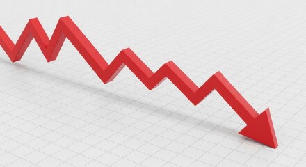 Obraz premium Red zigzag downward trend arrow on a white grid background, representing financial market decline