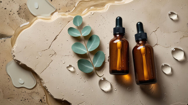 An overhead shot of two amber glass dropper bottles on a wet beige travertine stone with eucalyptus leaves. luxury spa cosmetic product, natural organic skincare, minimalist botanical flatlay.