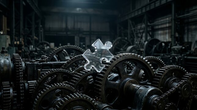 Large gears and cogs are interconnected in an industrial setting with a metallic object on top.