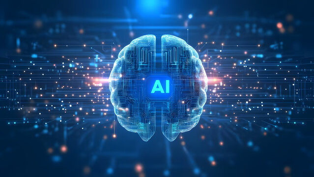 Artificial intelligence concept with glowing digital human brain circuit board, machine learning and big data network background