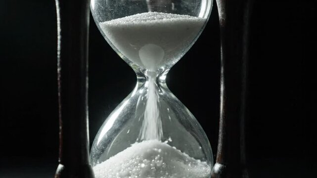 Closeup of an hourglass with white sand flowing through the narrow middle section