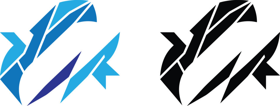 Abstract dynamic logo designs blue gradient and black versions for technology or sports