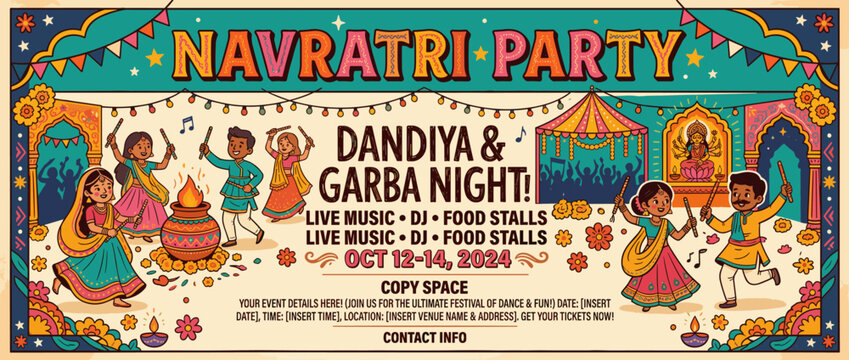 Vibrant Navratri Garba and Dandiya Night Festivity With Colorful Dancers and Decor.