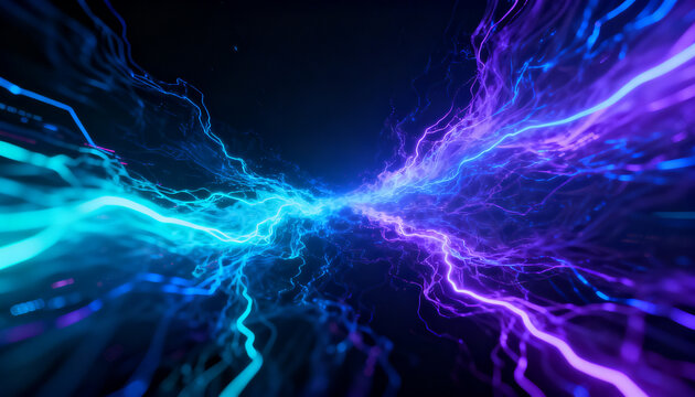 Neon Energy Collision Background, Futuristic Cyberpunk Lightning Burst, Electric Plasma Convergence, Quantum Power Waves, Abstract Digital Technology Wallpaper