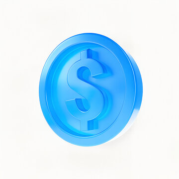 A shiny blue coin with a dollar sign on it isolated on white background