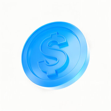A shiny blue coin with a dollar sign on it isolated on white background