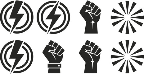 Fototapeta premium Black protest icons with fists and lightning bolts