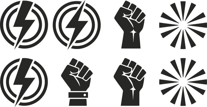 Black protest icons with fists and lightning bolts