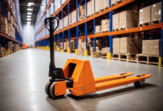 Orange hand pallet jack in warehouse, logistics banner with copy space
