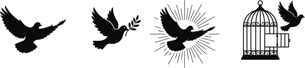 Fototapeta premium Black silhouettes of doves flying and in cage