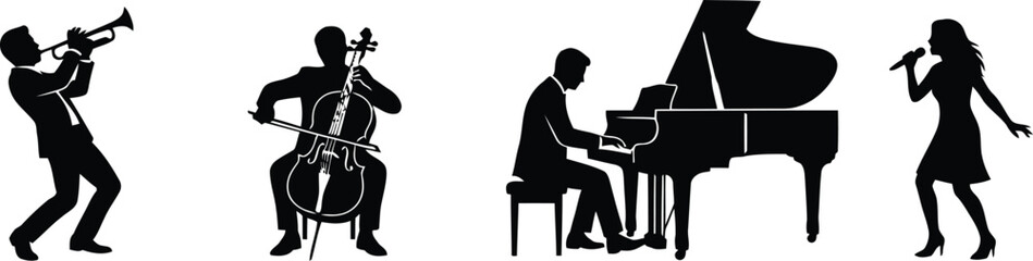 Black silhouettes of musicians playing instruments © MdAshfakurRahman