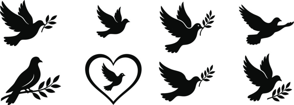 Black silhouettes of doves with olive branches and heart