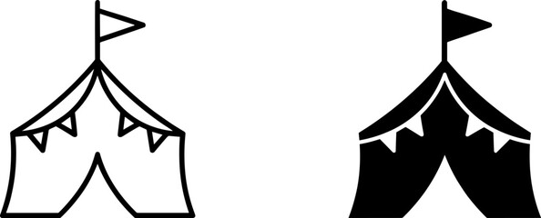 Camping tent icons with flags and bunting adventure vacation recreation silhouette equipment minimalist pictogram campground wilderness © Bishal