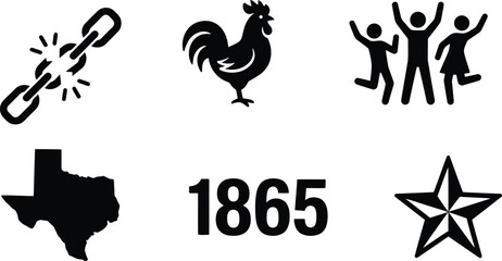 Black icons of texas state, rooster, people, chain, star and 1865 © Mst. Taslima Akhter