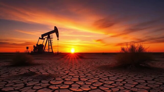 Oil pump jack silhouette on a cracked desert ground at sunset