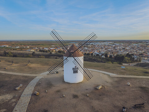 Aerial view of Windmills Manchegos in Mota del Cuervo, Castilla-La Mancha, Spain.