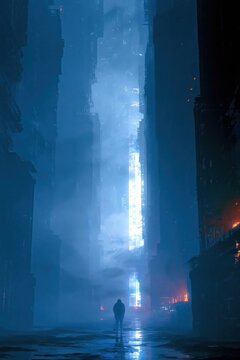A cyberpunk industrial dreamscape set along a neon-lit alleyway shrouded in blue fog. Tall, angular city silhouettes frame a moody, surreal street where a solitary figure walks toward a radiant, drea