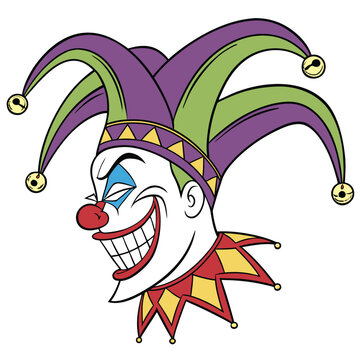 Vector illustration evil jester head illustration with a menacing grin and colorful hat with bells