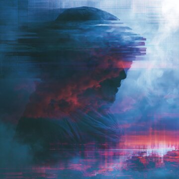 A dreamlike, cinematic digital composition blending mystic, neon-infused imagery with a dark, airborne silhouette. The scene suggests a dream weaving session under a theta-night cycle, with ethereal