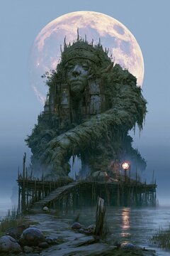 A dreamlike, moss-covered elven ruin rises from a misty shoreline with a towering seated statue entwined by a spiraling, wooden, tide-washed structure. A luminous full moon dominates the pale sky beh